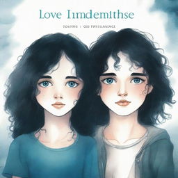 A depressing book cover about love, pain, attachment, and emptiness, featuring a girl with dark hair and a boy with dark curly hair, both with blue eyes