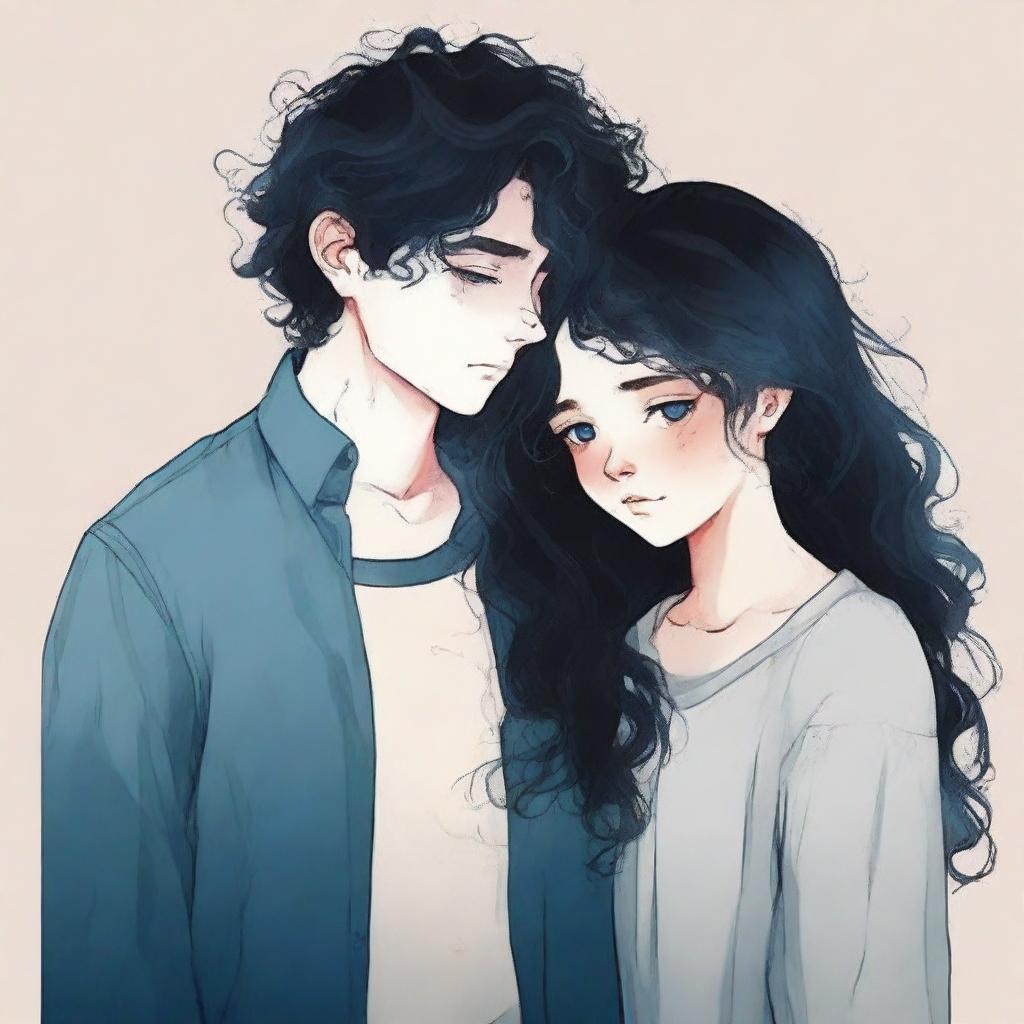 A depressing book cover about love, pain, attachment, and emptiness, featuring a girl with dark hair and a boy with dark curly hair, both with blue eyes