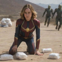 Brie Larson as Captain Marvel, in a humorous scene, crawling like a baby wearing pink diapers, followed by female aliens. Each alien is carrying a pack of diapers.