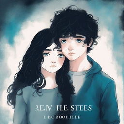 A depressing book cover about love, pain, attachment, and emptiness, featuring a girl with dark hair and a boy with dark curly hair, both with blue eyes