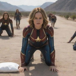 Brie Larson as Captain Marvel, in a humorous scene, crawling like a baby wearing pink diapers, followed by female aliens. Each alien is carrying a pack of diapers.