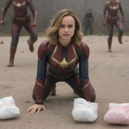 Brie Larson as Captain Marvel, in a humorous scene, crawling like a baby wearing pink diapers, followed by female aliens. Each alien is carrying a pack of diapers.