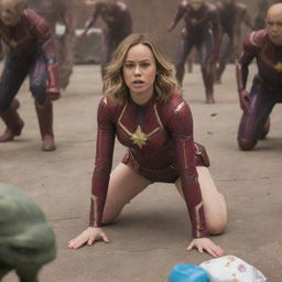 Brie Larson as Captain Marvel crawling like a baby clad in pink diapers, while an assembly of solicitous female aliens follow in her wake, each carrying clean diapers ready for her.