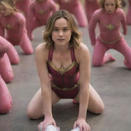 Brie Larson as Captain Marvel crawling like a baby clad in pink diapers, while an assembly of solicitous female aliens follow in her wake, each carrying clean diapers ready for her.