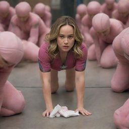 Brie Larson as Captain Marvel crawling like a baby clad in pink diapers, while an assembly of solicitous female aliens follow in her wake, each carrying clean diapers ready for her.