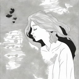 A depressing book cover about love, pain, attachment, and emptiness in black and white, designed as a coloring book page