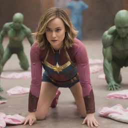 Brie Larson as Captain Marvel crawling like a baby clad in pink diapers, while an assembly of solicitous female aliens follow in her wake, each carrying clean diapers ready for her.