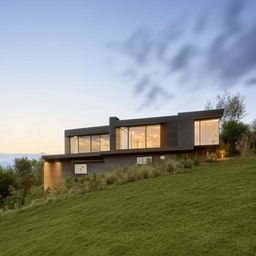 A simply designed two-story 45x30 house nestled in a hilly terrain. The home blends harmoniously into its surroundings, offering a perfect blend of architectural practicality with serene hillside aesthetics.