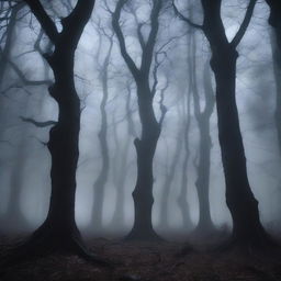 A dark and eerie forest at night, with twisted trees and a thick fog