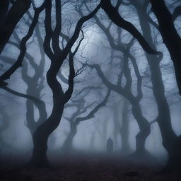 A dark and eerie forest at night, with twisted trees and a thick fog