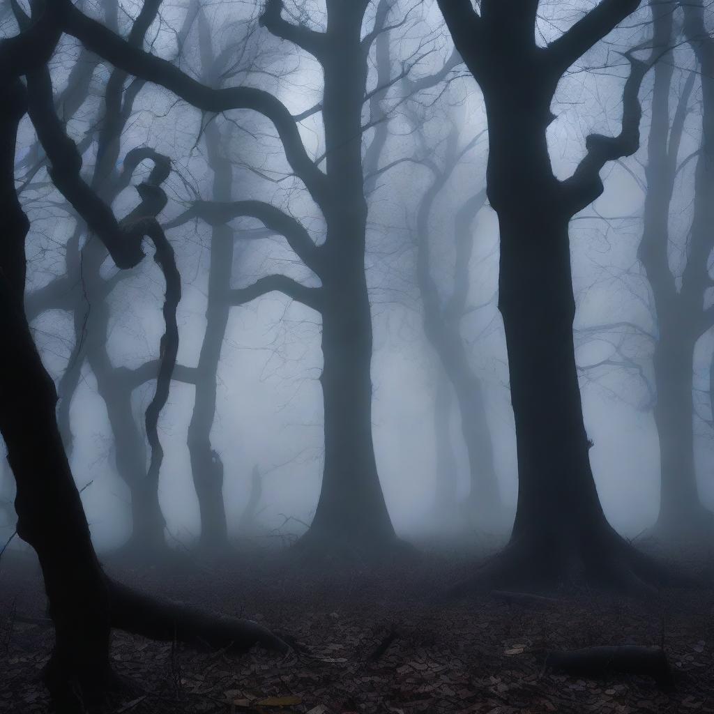 A dark and eerie forest at night, with twisted trees and a thick fog