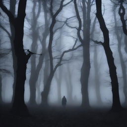 A dark and eerie forest at night, with twisted trees and a thick fog