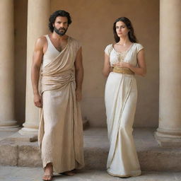 Abel, a figure of antiquity, stands alongside a beautiful woman of the same period. They are both dressed in time-appropriate attire, their expressions one of harmony and unity.