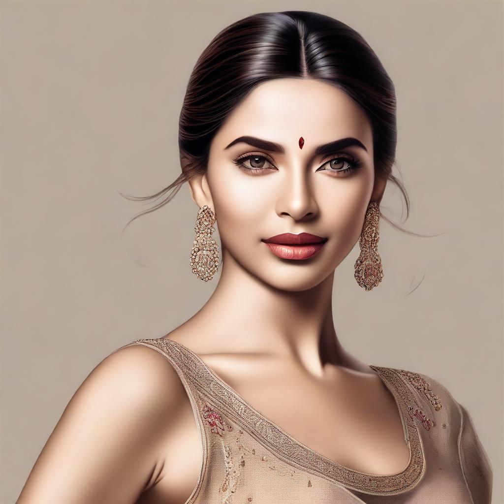 A realistic and detailed portrait of Deepika Padukone, showcasing her elegant and graceful features with a serene background