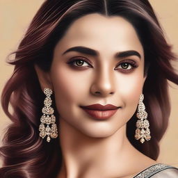 A realistic and detailed portrait of Deepika Padukone, showcasing her elegant and graceful features with a serene background