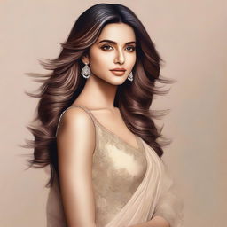 A realistic and detailed portrait of Deepika Padukone, showcasing her elegant and graceful features with a serene background