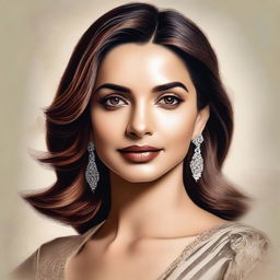 A realistic and detailed portrait of Deepika Padukone, showcasing her elegant and graceful features with a serene background