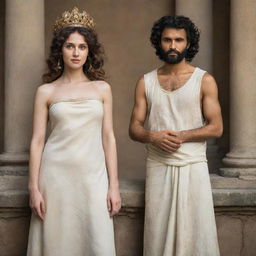 Abel, a figure of antiquity, stands alongside a beautiful woman of the same period. They are both dressed in time-appropriate attire, their expressions one of harmony and unity.