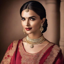 A high-resolution portrait of Deepika Padukone, showcasing her elegant and sophisticated style