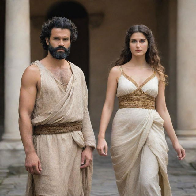 Abel, a figure of antiquity, stands alongside a beautiful woman of the same period. They are both dressed in time-appropriate attire, their expressions one of harmony and unity.