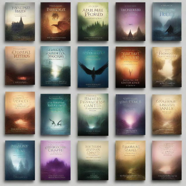 Create a variety of book covers featuring different genres such as fantasy, romance, mystery, and science fiction