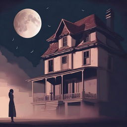 A single girl standing in front of an old multistoried house with a lunar eclipse visible in the sky above the house