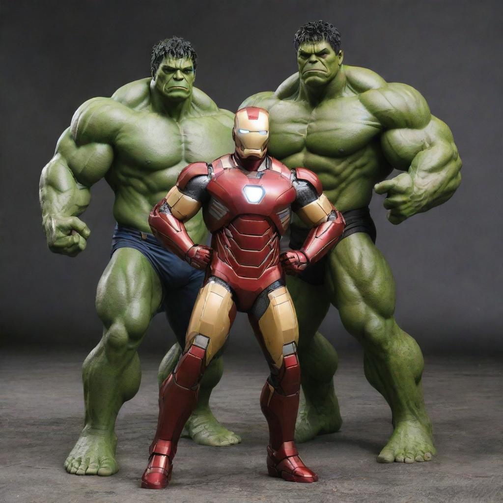 Iron Man standing next to Hulk in superhero poses