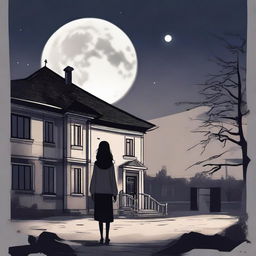 A single girl standing in front of an old multistoried house with a lunar eclipse visible in the sky above the house