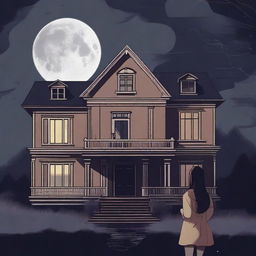 A single girl standing in front of an old multistoried house with a lunar eclipse visible in the sky above the house