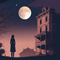 A single girl standing in front of an old multistoried house with a lunar eclipse visible in the sky above the house