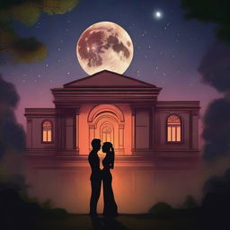 A young Indian couple standing in front of an old mansion with a forest in the background and an eclipsed moon in the sky at night