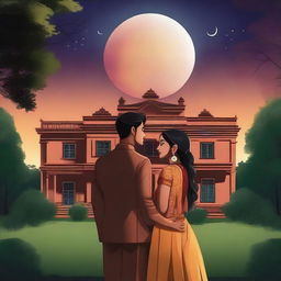 A young Indian couple standing in front of an old mansion with a forest in the background and an eclipsed moon in the sky at night