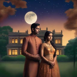 A young Indian couple standing in front of an old mansion with a forest in the background and an eclipsed moon in the sky at night