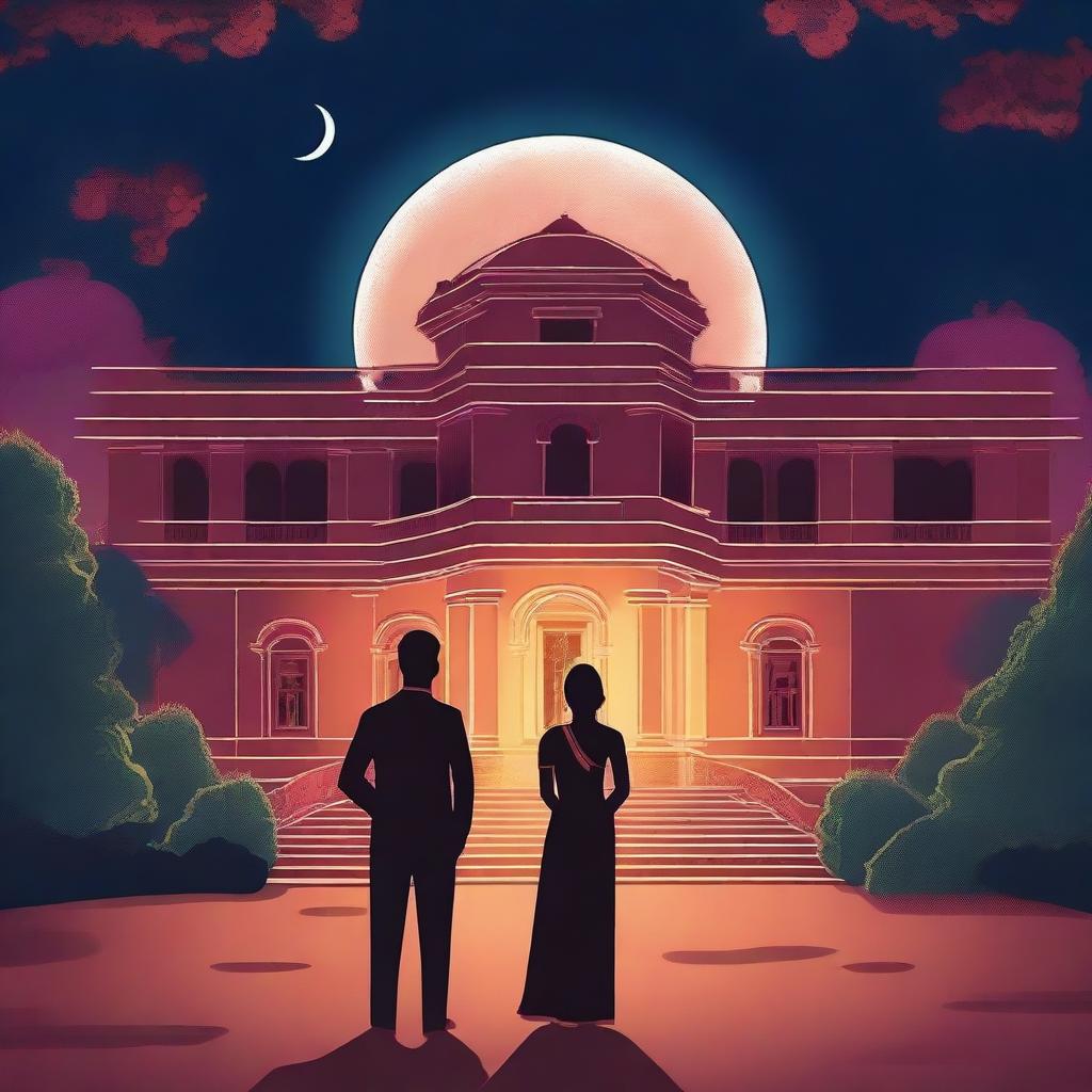 A young Indian couple standing in front of an old mansion with a forest in the background and an eclipsed moon in the sky at night