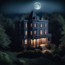 A view from above of an old haunted-looking mansion at night with the moon in the sky and forests behind the mansion