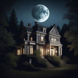 A view from above of an old haunted-looking mansion at night with the moon in the sky and forests behind the mansion