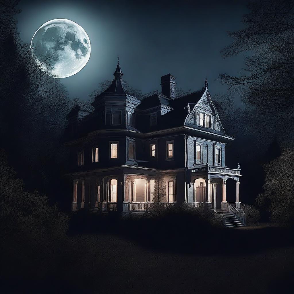 A view from above of an old haunted-looking mansion at night with the moon in the sky and forests behind the mansion