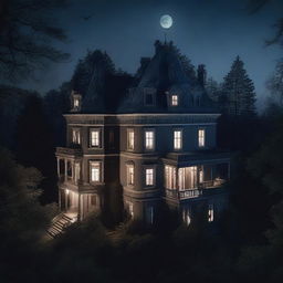 A view from above of an old haunted-looking mansion at night with the moon in the sky and forests behind the mansion