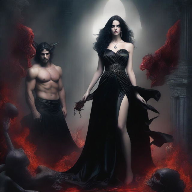 A sexy dark fantasy romance book cover set in the underworld