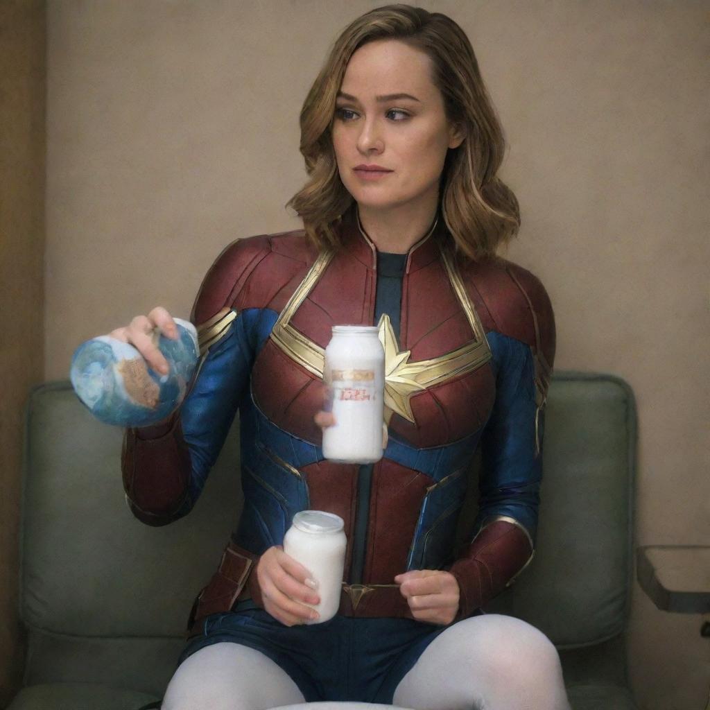 Brie Larson as Captain Marvel, seated comfortably on the lap of a gentle female alien, drinking contentedly from a bottle of milk, while wearing baby-like diapers.