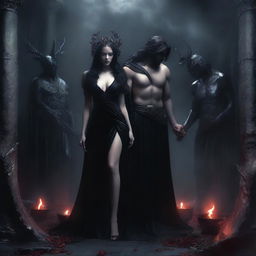 A seductive dark fantasy romance scene set in the underworld