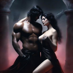 A seductive dark fantasy romance scene set in the underworld