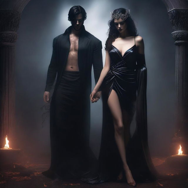 A seductive dark fantasy romance scene set in the underworld