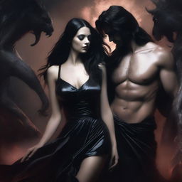 A seductive dark fantasy romance scene set in the underworld