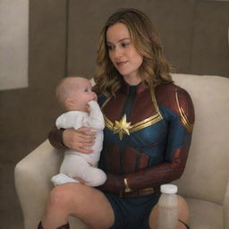 Brie Larson as Captain Marvel, seated comfortably on the lap of a gentle female alien, drinking contentedly from a bottle of milk, while wearing baby-like diapers.