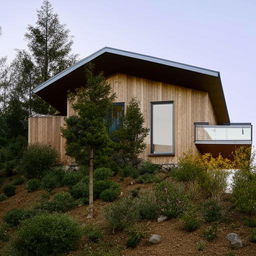 A simply designed two-story 45x30 house nestled in a hilly terrain. The home blends harmoniously into its surroundings, offering a perfect blend of architectural practicality with serene hillside aesthetics.