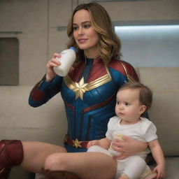 Brie Larson as Captain Marvel, seated comfortably on the lap of a gentle female alien, drinking contentedly from a bottle of milk, while wearing baby-like diapers.