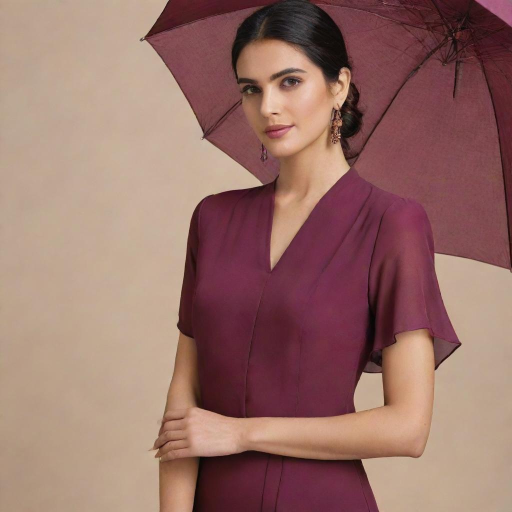 A wine-colored umbrella and blouse made from plain georgette fabric