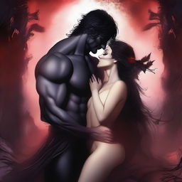 A dark and erotic fantasy romance scene set in the underworld