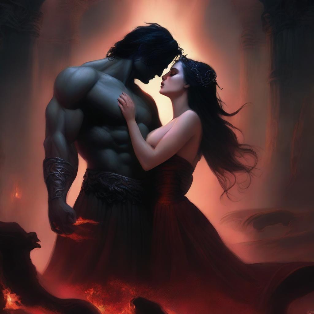 A fantasy romance scene set in an underworld hellscape, featuring a thrupple with a sexy Hades and Persephone in love with and desiring a human woman